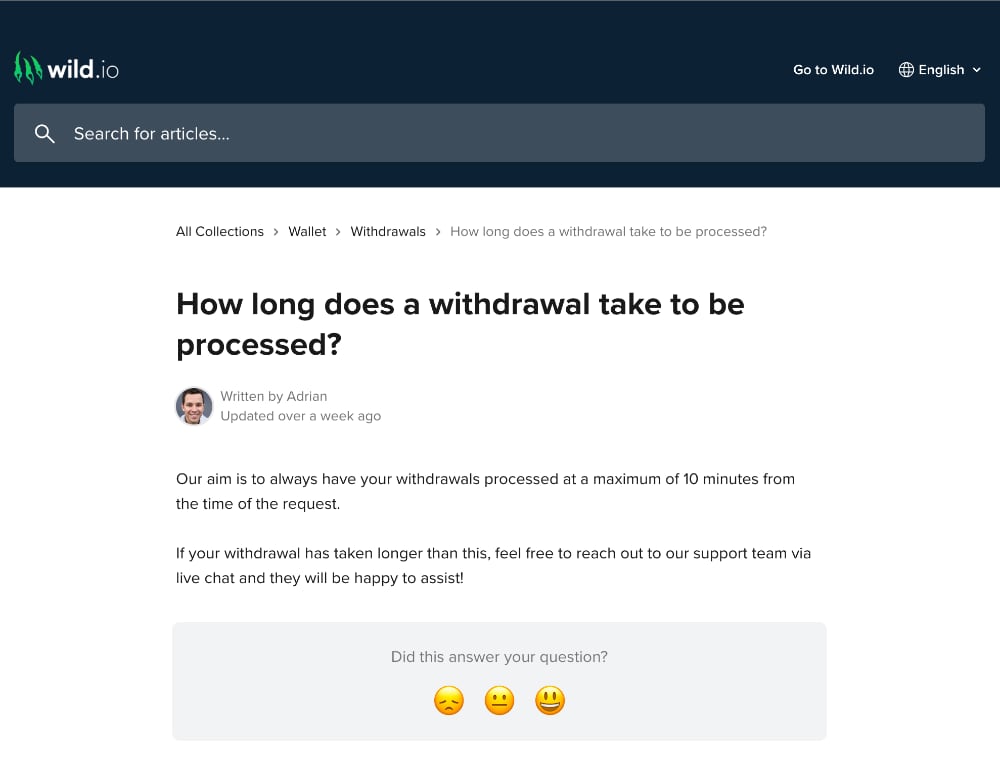 wild.io withdrawal speed from FAQ page
