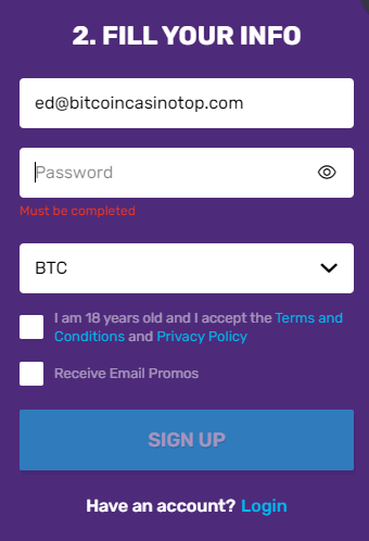 Bitcoincasino.io login process