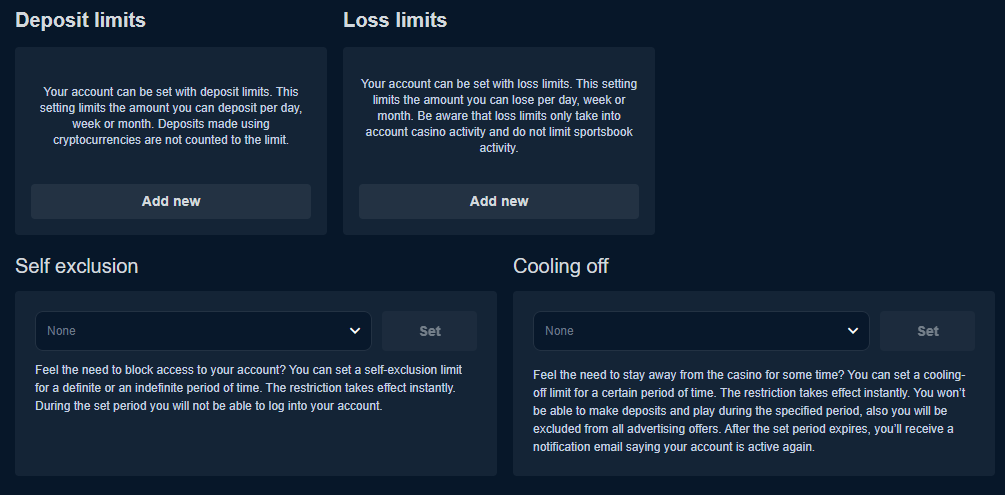 Winz Responsible gambling tools