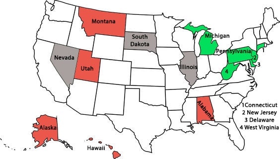 Example of how legislation treats online gambling in different states. Green: states, where online gambling is legal, red: illegal, grey: not regulated or no individual has been prosecuted for online gambling